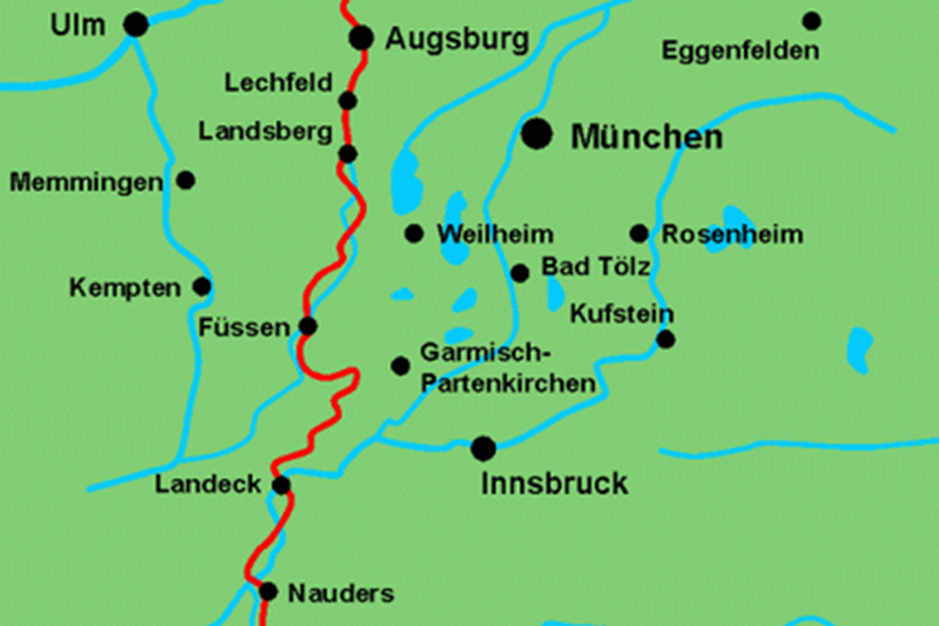 Karte der Via Augusta (von Verona über Bozen bis Augsburg)